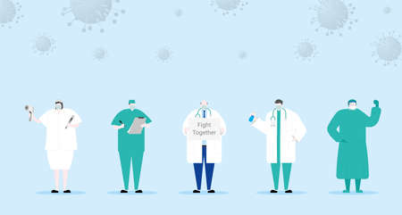 Asian medical group of doctor and nurse standing ready to fight together for protect corona virus covid-19 cartoon style protection conceptのイラスト素材