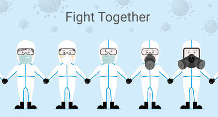 Asian group of doctor wear surgical mask medical full body virus protect hand in hand human wall fight together for protect covid19 corona virus cartoon style protection conceptのイラスト素材
