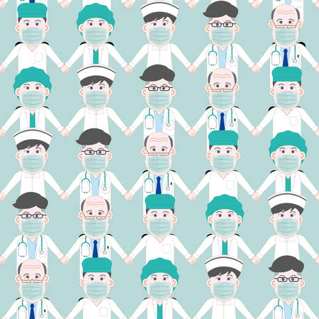 seamless pattern set of asian professor senior doctor man woman nurse surgical doctor wear surgical medical mask hand in hand human wall fight for protect virus cartoon style protection conceptのイラスト素材