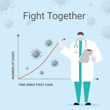 Asian doctor wearing medical mask holding data red graph analysis reduce number of case covid-19 corona virus fight together conceptのイラスト素材