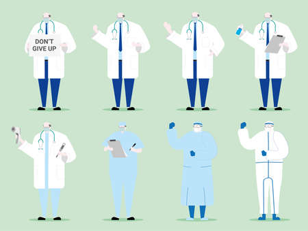 Senior doctor set with medical uniform personal protective equipment cartoon style flat character design vectorのイラスト素材