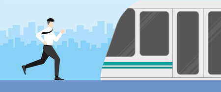 Urgent lifestyle concept. Office man running to train public transportation. Hurry up in rush hour...
