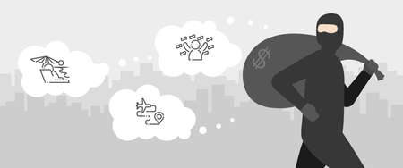 Dreaming concept. Thief is running with his robbery luggage bag. Thinking of his target to be Rich,...