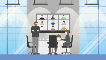 Office woman try to wake up sleeping colleague. while meeting by video conference. Teleconference business people meeting in conference room. Collaboration process of multicultural skill employee.のイラスト素材