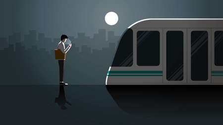 Lonely office man first jobber use smart phone waiting in public transportation station for last train at night alone in the dark and full moon light. City lifestyle of work late overtime and overworkのイラスト素材