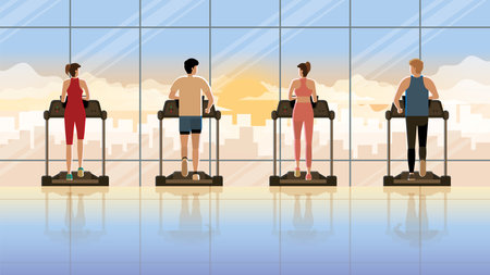 Back view group of person running on treadmill in fitness center at early morning sunrise orange light. Everyday daily routine of active healthy people city lifestyle of diligent cardio exercise.のイラスト素材