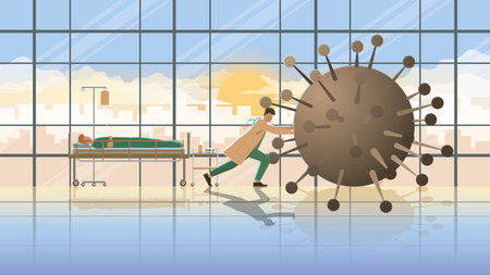 The doctor fight against disease stop the virus before it destroy a patient in the hospital ward at early morning sunrise.のイラスト素材