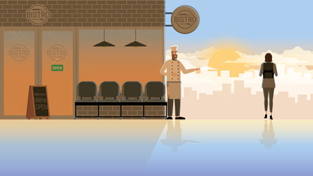 Economics crisis failure problem concept of empty bistro restaurant. Small business owner-chef beard man stands at the front shop to invite customers on a pathway. Alone in the early morning sunrise.のイラスト素材