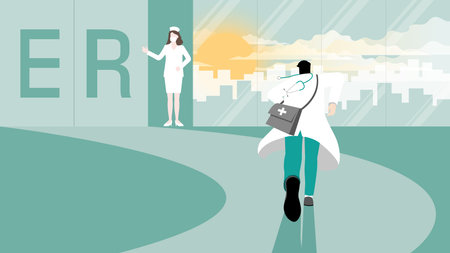 Occupation lifestyle of work hard and responsible people. Back view of a doctor with a medical equipment bag and stethoscope suddenly run to the emergency room with a nurse in the hospital building.のイラスト素材