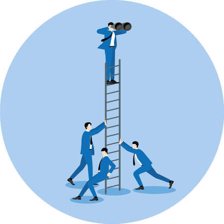 Business concept of partnership, teamwork, fight together and team back up. Businessman use binoculars looking for a business opportunity on the highest ladder. Supporting by colleagues office people.のイラスト素材