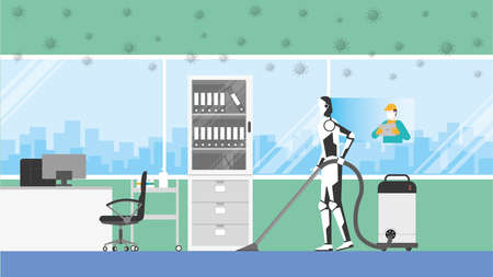 Cleaning robot control by human remote in risk area of virus epidemic and pandemic for protect the infection. Artificial intelligence mechanism uses automatic vacuum cleaner in doctor desk in hospitalのイラスト素材