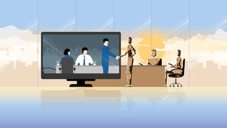 Online business partner in future. Joint venture in the teleconference meeting room from workplace to another office time zone. Greeting businessman handshake with robot artificial intelligence team.のイラスト素材