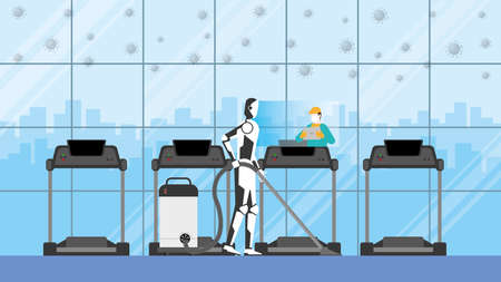 Cleaning robot control by human remote in risk area of virus epidemic and pandemic for protect infection. Artificial intelligence mechanism uses automatic vacuum cleaner in treadmill fitness center.のイラスト素材