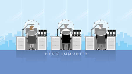 Herd immunity concept as virus protects bubble on people head. An immunized person protected from the harmful effect of the virus return to normal life. Employees in office working room stay together.のイラスト素材