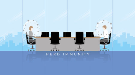 Herd immunity concept as virus protects bubble on people head. An immunized person protected from the harmful effect of the virus return to normal life. Employee working in the office conference room.のイラスト素材