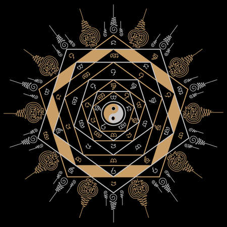 Yantra tattoo design from the religious belief that inherited from ancient to be applied as a circular pattern graphic design but still has meaning, alchemy, good luck, invincible worship and fortune.のイラスト素材
