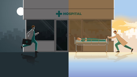 Day and night concept of a doctor run to a hospital for a late night shift duty. The medical staff push emergency patient beds in the early morning. Career lifestyle of work hard overtime and overworkのイラスト素材