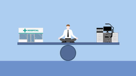 Work life balance concept. Meditation businessman sitting cross-legged at center of seesaw between a doctor with hospital and working desk. A balanced business lifestyle of health care and work hard.のイラスト素材