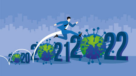 Businessman jumping overcome obstacles. Manager jump over the year 2020, 2021, 2022 number and virus, COVID-19 coronavirus global problem. Business concept of economic crisis, bigger problem solving.のイラスト素材