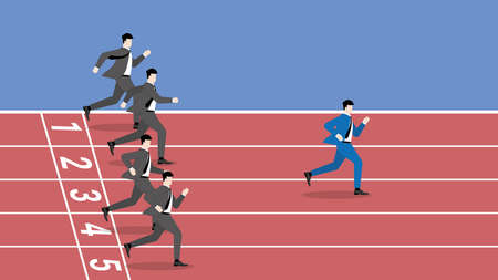 Successful business competition concept. The fastest leader jumping overcomes obstacles. A different businessman from other competitors is competing for rivals by running faster and better start.のイラスト素材