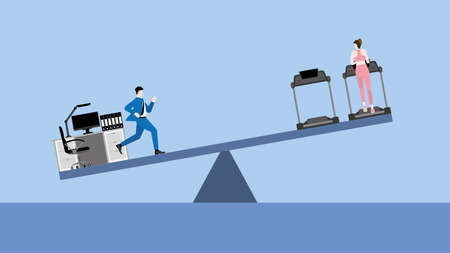 Work life balance concept. à¸ºBusinessman keeping balance by running away from working desk to exercise with his girlfriend that waiting on a treadmill. Imbalance seesaw between work and health care.のイラスト素材