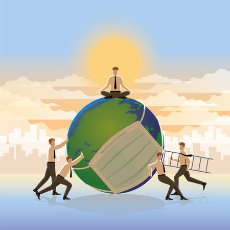 A businessman is meditating on the sickness world from Corona Virus COVID-19. Thinking of solutions to solve business problems from an economic downturn. Collaborate work hard to support as teamwork.のイラスト素材