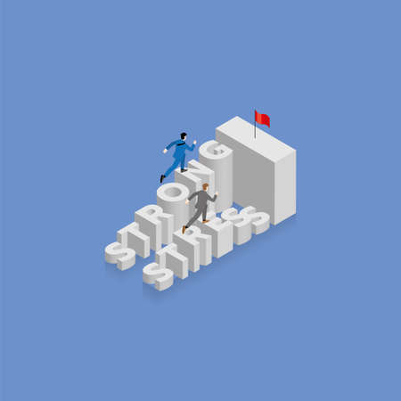 Businessman runs and steps up stair with a competitor, staircase is the text word STRONG and STRESS,...