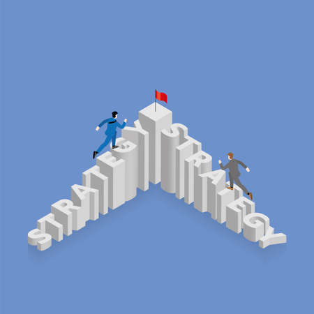 Businessman runs and steps up stair with a competitor, staircase is the word STRATEGY, arrange in alphabet order with a red flag on top. The business competition challenge concept of Marketing rival.のイラスト素材