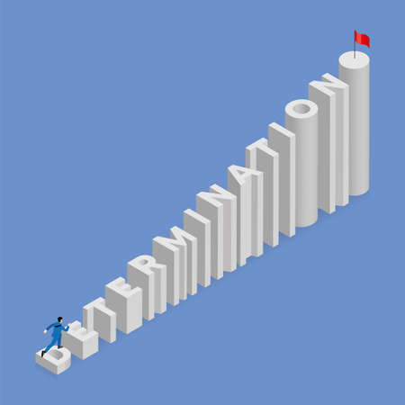 A business concept of growth bar chart, ambition, success, achievement. Businessman runs and steps up a stair, a staircase is text word DETERMINATION, arrange in alphabet order with red flag on top.のイラスト素材