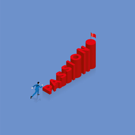 Businessman run and step up a stair, a staircase is red text word PASSION, arrange in alphabet order with success flag on top. Business concept of goal, ambition, challenge, achievement, motivation.のイラスト素材