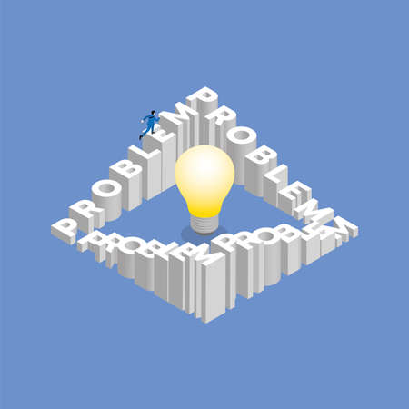 Business concept of thinking, problem solving cycle, never ending, routine job, idea, creative, and solution. Businessman runs and steps up a stair loop of text word PROBLEM with a light bulb.のイラスト素材