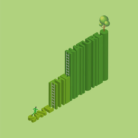 People's lifestyle change and green concept. A man run aim to target on text SAVE and climb up to word THE WORLD by ladder. Target to a tree at the end. environmental concern, growth, recycling.のイラスト素材