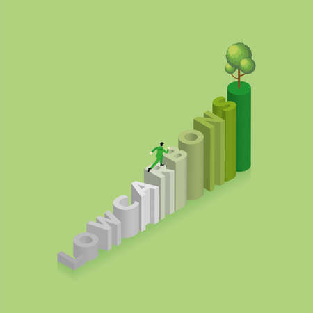 Isometric green concept of environmental concern, Earth day, growth, save the planet, Eco friendly. A man runs and steps up a text word LOW CARBON with color gradation and a tree on top of stairs.のイラスト素材