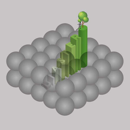 Air pollution and environmental concern concept. A man runs away from a cloud of smoke to a tree on top of text step. Smog, air quality, diaster atmosphere, PM2.5 dust, carbon dioxide, greenhouse gas.のイラスト素材