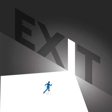 A Businessman runs to the white exit with light from the dark, Text wording EXIT on the big black wall with an opening. Business concept of ambition, challenge, achievement, motivation, chance.のイラスト素材