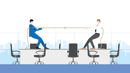 Business competition concept. Two businessmen, boss, employees, and salarymen fighting a tug of war in an office workplace. Conflict, confrontation and contest of career competing in the working day.のイラスト素材
