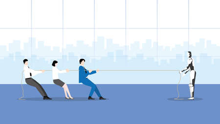 Business competition with cyber technology between cyborg and human. Leadership boss and employee teamwork fighting a tug of war rope with a robot. Confrontation and contest of career postion at work.のイラスト素材