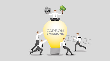 ESG and green business policy concept of net zero emission, carbon footprint, carbon dioxide equivalent, global greenhouse gas, save the world. Business idea teamwork plant a tree.のイラスト素材
