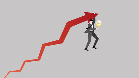 A businessman hangs a rise red arrow with a light bulb. Concept of business idea, opportunity, investment, market prediction, forecast, career development, profit, growth, wealth.のイラスト素材