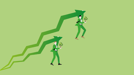 Businessmen hang a rising arrow with trees. Concept of ESG economic competition, against competitors, green business policy, growth, zero carbon emission, planting a forest.のイラスト素材