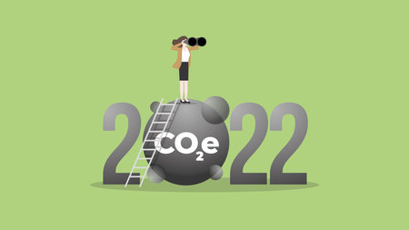 ESG and green business policy concept in the year 2022. A vision businesswoman uses binoculars. Net zero emission, carbon footprint, carbon dioxide equivalent, global greenhouse.のイラスト素材