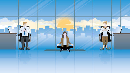 A calm businesswoman sits and meditates yoga at an office between laptop working employees. Think of business idea solutions, solve problems, stress relief, mindfulness and breath.のイラスト素材