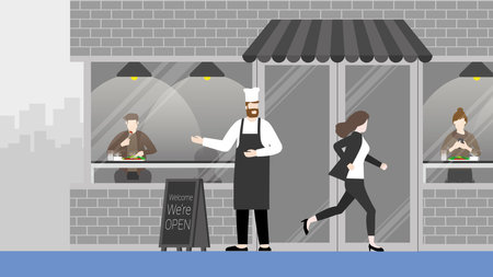 Hurry businesswoman runs a race against time, past the bistro restaurant. Rush hour, Urgent, Busy, Hectic, Daily haste, the fast pace of life, the hustle and bustle life.のイラスト素材