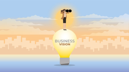 A vision businesswoman uses binoculars on a large lightbulb. Look for business idea solutions to solve a problem in a bear economy, economic downturn, recession, financial crisis.のイラスト素材