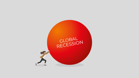Business recession concept. the financial crisis, economic downturn, inflation, recession, failure, bankruptcy, and crisis. Businesswoman pushes the big red ball. A minimal style.のイラスト素材