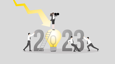 Global recession in the year 2023. Vision businesswoman uses binoculars on big light bulb with a team, down graph. Business idea, problem-solving for financial crisis, economic.のイラスト素材