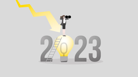Global recession in the year 2023. A visionary businesswoman uses binoculars on a big light bulb, a down graph. Business ideas, problem-solving for financial crisis, economic down.のイラスト素材