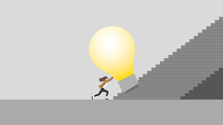 <p>Business idea, creativity, innovation, creation, inspiration, imagination, and thinking concept. A businesswoman pushes the big light bulb, Step up a stair as the business solution, and problem-solve.</p>のイラスト素材