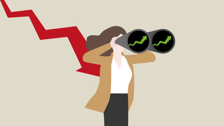 <p>A businesswoman uses binoculars to look for a green up graph, business solution, problem-solving from a red down arrow, financial crisis, economic downturn, Global recession, and inflation concept.</p>のイラスト素材