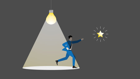 A businessman gets out of his comfort zone, light, and a lightbulb to grab a star. Business challenge, motivation, opportunity, ambition, intention, reach a target, goal, idea.のイラスト素材